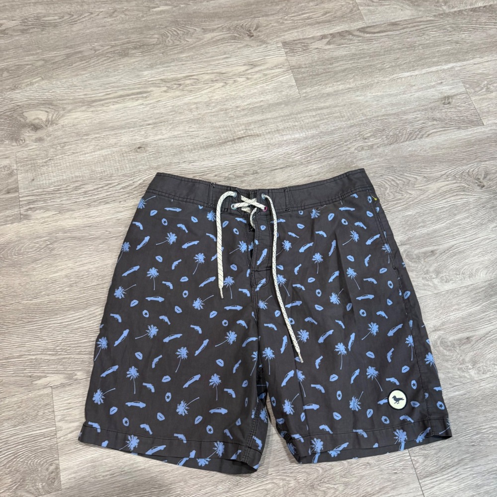 Modern Amusement Mens Board Shorts 34 Grey Blue Palm Tree Car Gun Print Swimwear